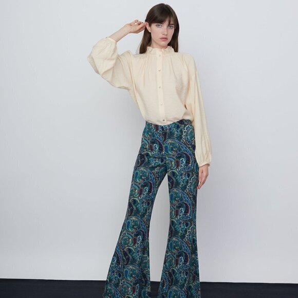 Zara Printed Flared High Waisted Green Paisley Pants NWT Size Small - Picture 7 of 16